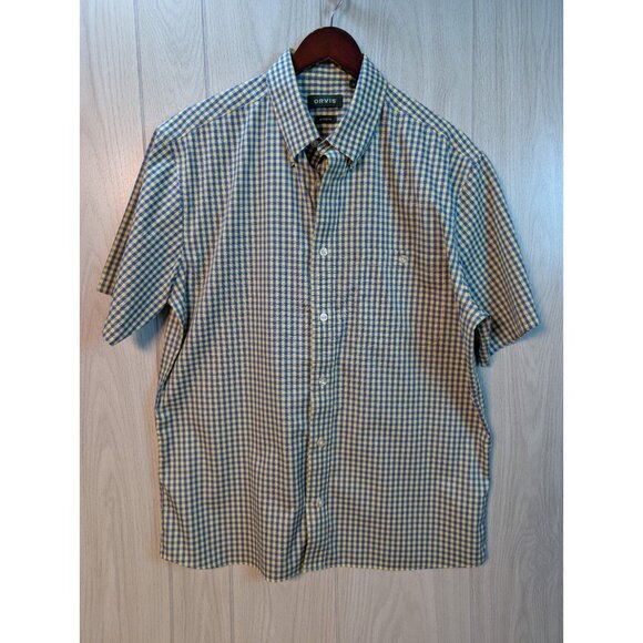 Orvis Large Active Fit Woven Cotton Short Sleeve Button Up Top Blue Plaid - Picture 1 of 6